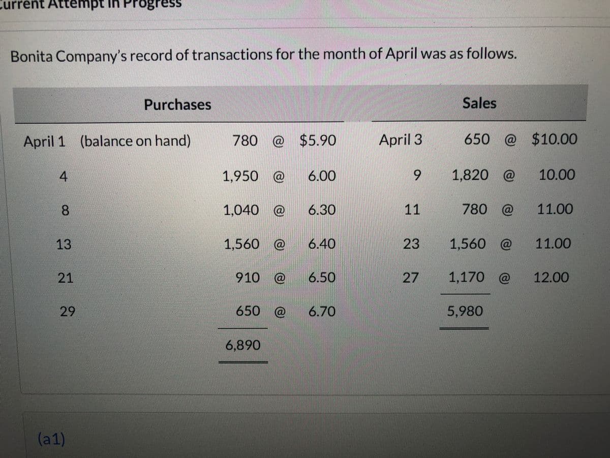 Current Attempt in Progress
Bonita Company's record of transactions for the month of April was as follows.
April 1 (balance on hand)
4
8
13
21
29
Purchases
(a1)
780 @ $5.90
1,950 @
1,040 @
1,560 @
910 @
650 @
6,890
6.00
6.30
6.40
6.50
6.70
April 3
9
11
23
27
Sales
650 @ $10.00
1,820 @
780 @
1,170 @
10.00
1,560 @ 11.00
5,980
11.00
12.00
