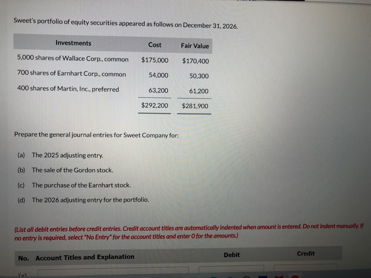 Sweet's portfolio of equity securities appeared as follows on December 31, 2026.
Investments
5,000 shares of Wallace Corp., common
700 shares of Earnhart Corp., common
400 shares of Martin, Inc., preferred
Cost
$175,000
No. Account Titles and Explanation
ادا
54,000
63,200
Prepare the general journal entries for Sweet Company for:
(a) The 2025 adjusting entry.
(b)
The sale of the Gordon stock.
(c) The purchase of the Earnhart stock.
(d) The 2026 adjusting entry for the portfolio.
$292,200
Fair Value
$170,400
50,300
61,200
(List all debit entries before credit entries. Credit account titles are automatically indented when amount is entered. Do not indent manually. If
no entry is required, select "No Entry" for the account titles and enter O for the amounts.)
$281,900
Debit
Credit