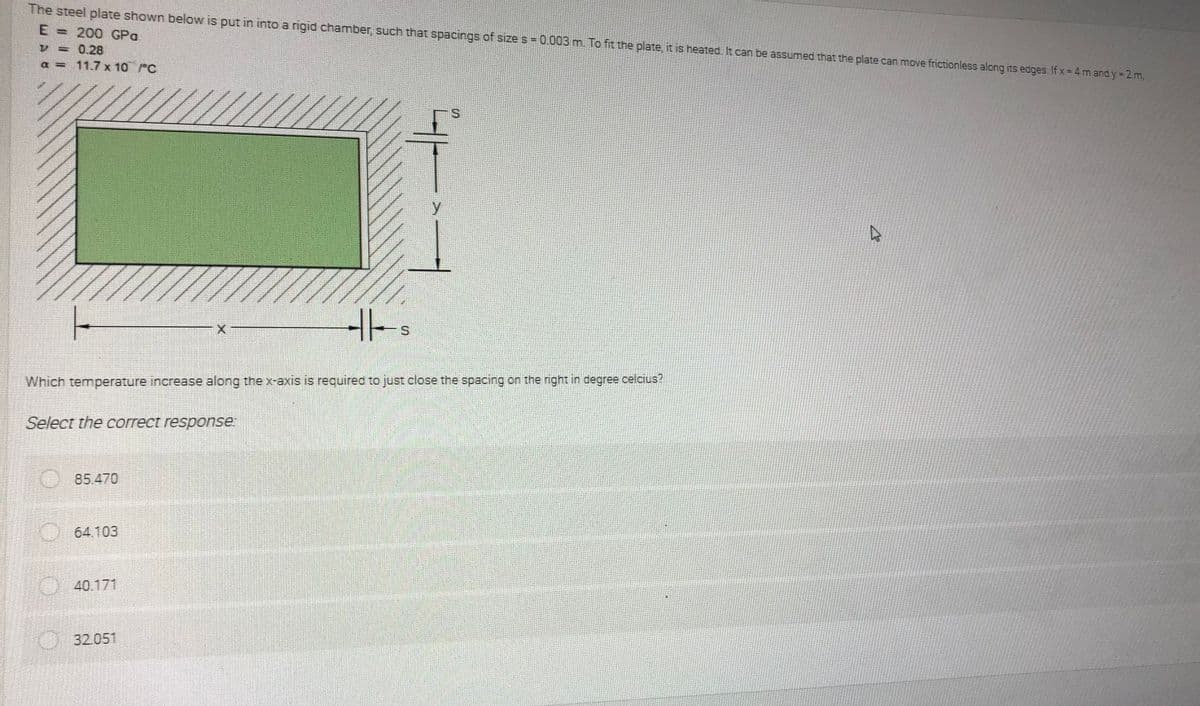 The steel plate shown below is put in into a rigid chamber, such that spacings of size s = 0.003 m. To fit the plate, it is heated. It can be assumed that the plate can move frictionless along its edges. If x = 4 m and y = 2 m,
E = 200 GPa
!!
V = 0.28
= 11.7 x 10 FC
Which temperature increase along the x-axis is required to just close the spacing on the right in degree celcius?
Select the correct response
85.470
O
64.103
040.171
32.051
