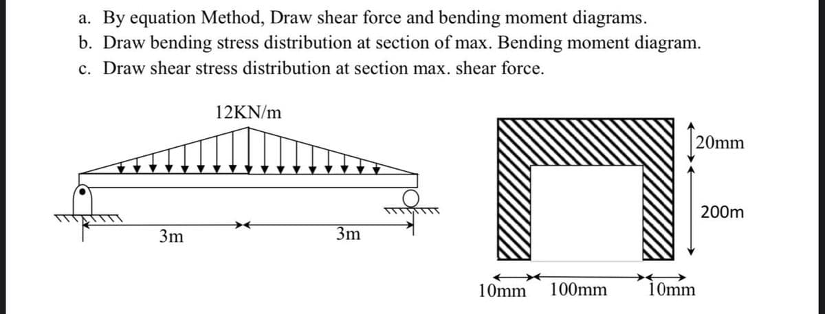 a. By equation Method, Draw shear force and bending moment diagrams.
b. Draw bending stress distribution at section of max. Bending moment diagram.
c. Draw shear stress distribution at section max. shear force.
12KN/m
20mm
200m
3m
10mm 100mm
3m
10mm