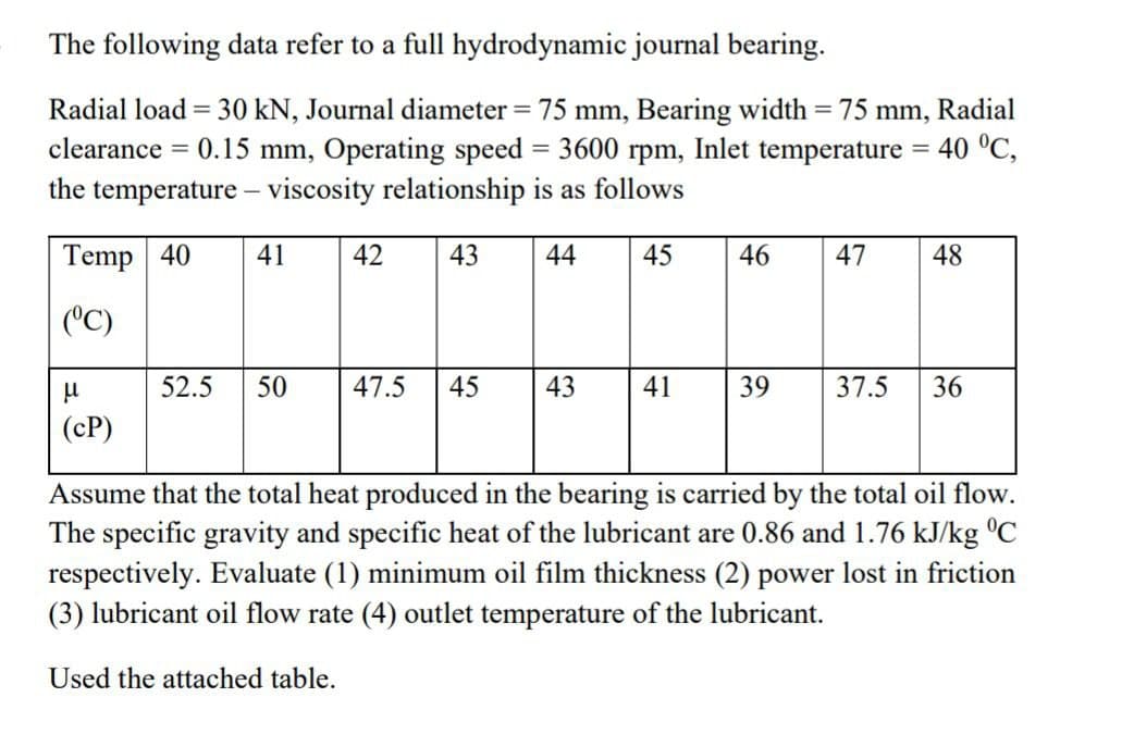 The following data refer to a full hydrodynamic journal bearing.
Radial load = 30 kN, Journal diameter = 75 mm, Bearing width = 75 mm, Radial
= 0.15 mm, Operating speed = 3600 rpm, Inlet temperature = 40 °C,
clearance
the temperature – viscosity relationship is as follows
Temp 40
41
42
43
44
45
46
47
48
(C)
52.5
50
47.5
45
43
41
39
37.5
36
(cP)
Assume that the total heat produced in the bearing is carried by the total oil flow.
The specific gravity and specific heat of the lubricant are 0.86 and 1.76 kJ/kg °C
respectively. Evaluate (1) minimum oil film thickness (2) power lost in friction
(3) lubricant oil flow rate (4) outlet temperature of the lubricant.
Used the attached table.
