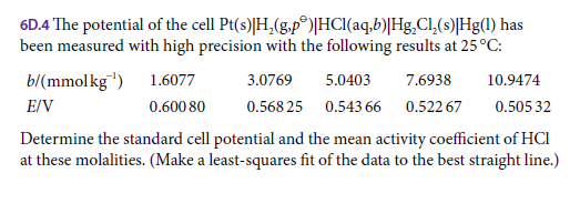 6D.4 The potential of the cell Pt(s)|H,(g,p®)[HCI(aq,b)|Hg,Cl,(s)|Hg(1) has
been measured with high precision with the following results at 25°C:
b/(mmolkg") 1.6077
5.0403
3.0769
7.6938
10.9474
E/V
0.600 80
0.568 25 0.543 66 0.522 67
0.505 32
Determine the standard cell potential and the mean activity coefficient of HCI
at these molalities. (Make a least-squares fit of the data to the best straight line.)
