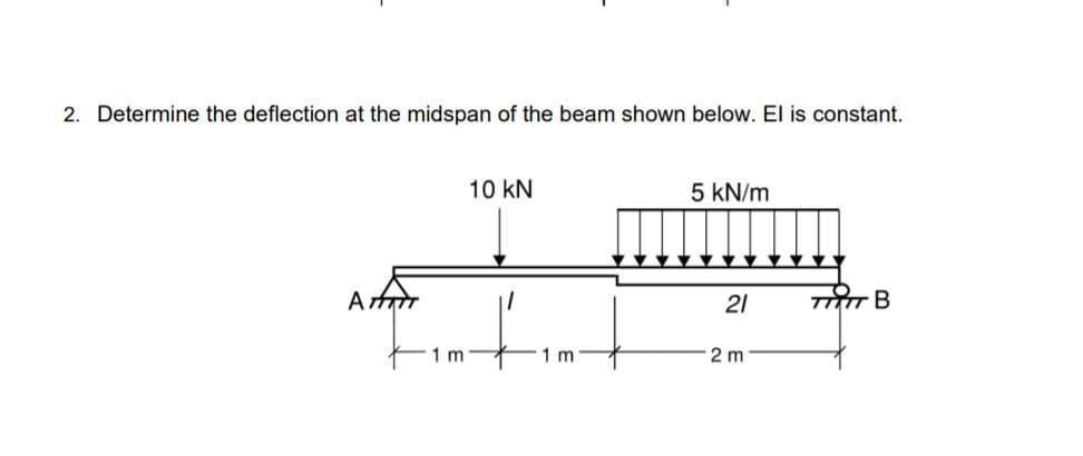 2. Determine the deflection at the midspan of the beam shown below. El is constant.
Ami
1 m
10 KN
1 m
5 kN/m
21
2 m
TTTTT B