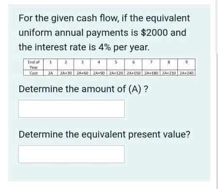 For the given cash flow, if the equivalent
uniform annual payments is $2000 and
the interest rate is 4% per year.
End of
2
3
Year
Cost
2A ZA+30 ZA+50 ZA+90 ZA+120 ZA+150 2A+180 ZA+210 2A+240
Determine the amount of (A) ?
Determine the equivalent present value?
