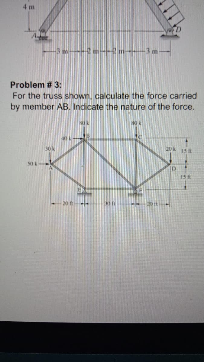 4 m
-3 m---m--2m--3m-
Problem # 3:
For the truss shown, calculate the force carried
by member AB. Indicate the nature of the force.
sok
80 k
40k-
30 k
20 k 15 ft
50 k
15 ft
20ft
30 ft
