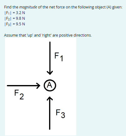 Find the magnitude of the net force on the following object (A) given:
|F1|=3.2 N
|F2 -9.8 N
|F3❘ = 9.5 N
Assume that 'up' and 'right' are positive directions.
F2
(A)
F1
F3