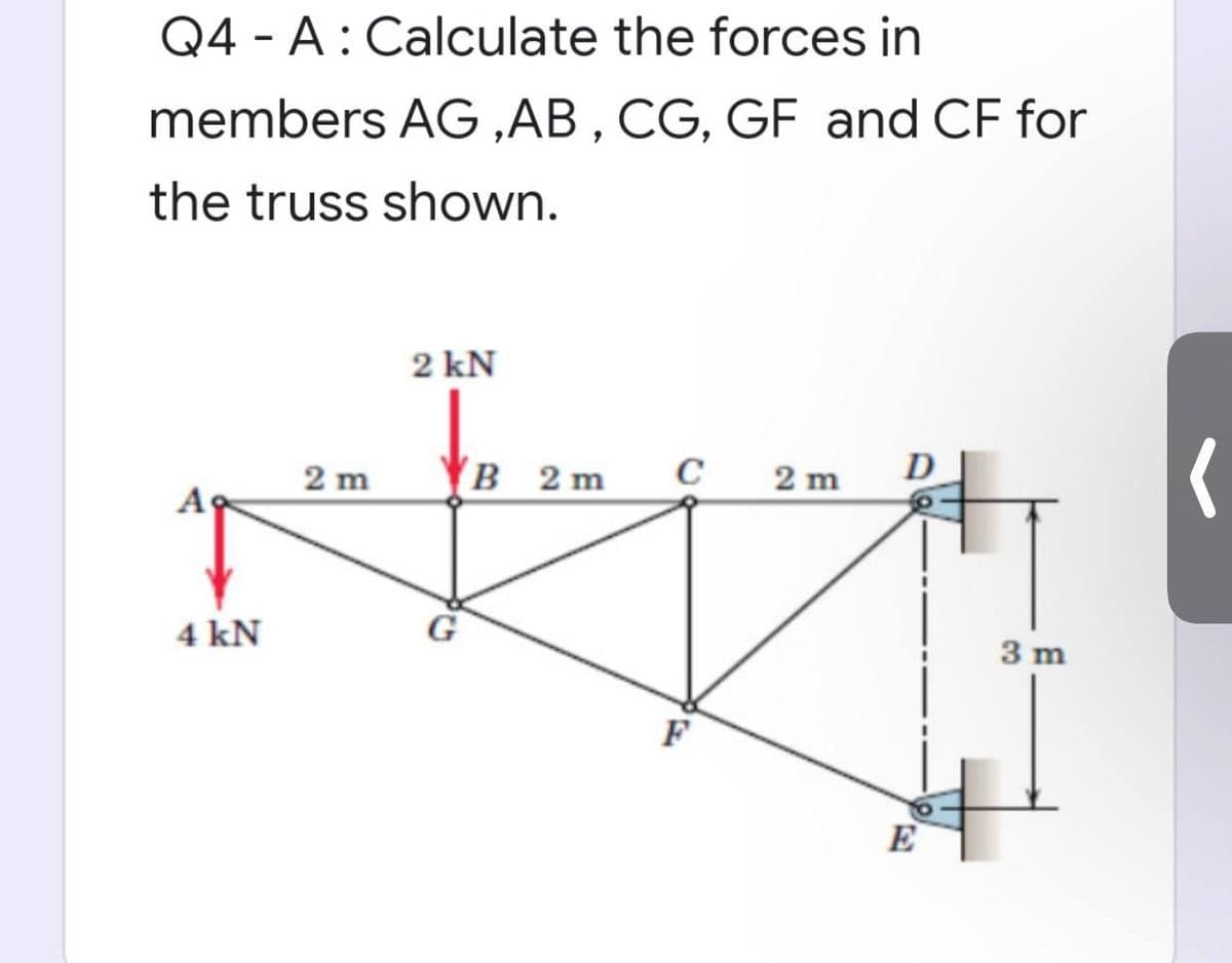Q4 - A: Calculate the forces in
members AG,AB, CG, GF and CF for
the truss shown.
2 kN
B 2m C 2 m D
A
4 kN
F
2 m
E
3 m