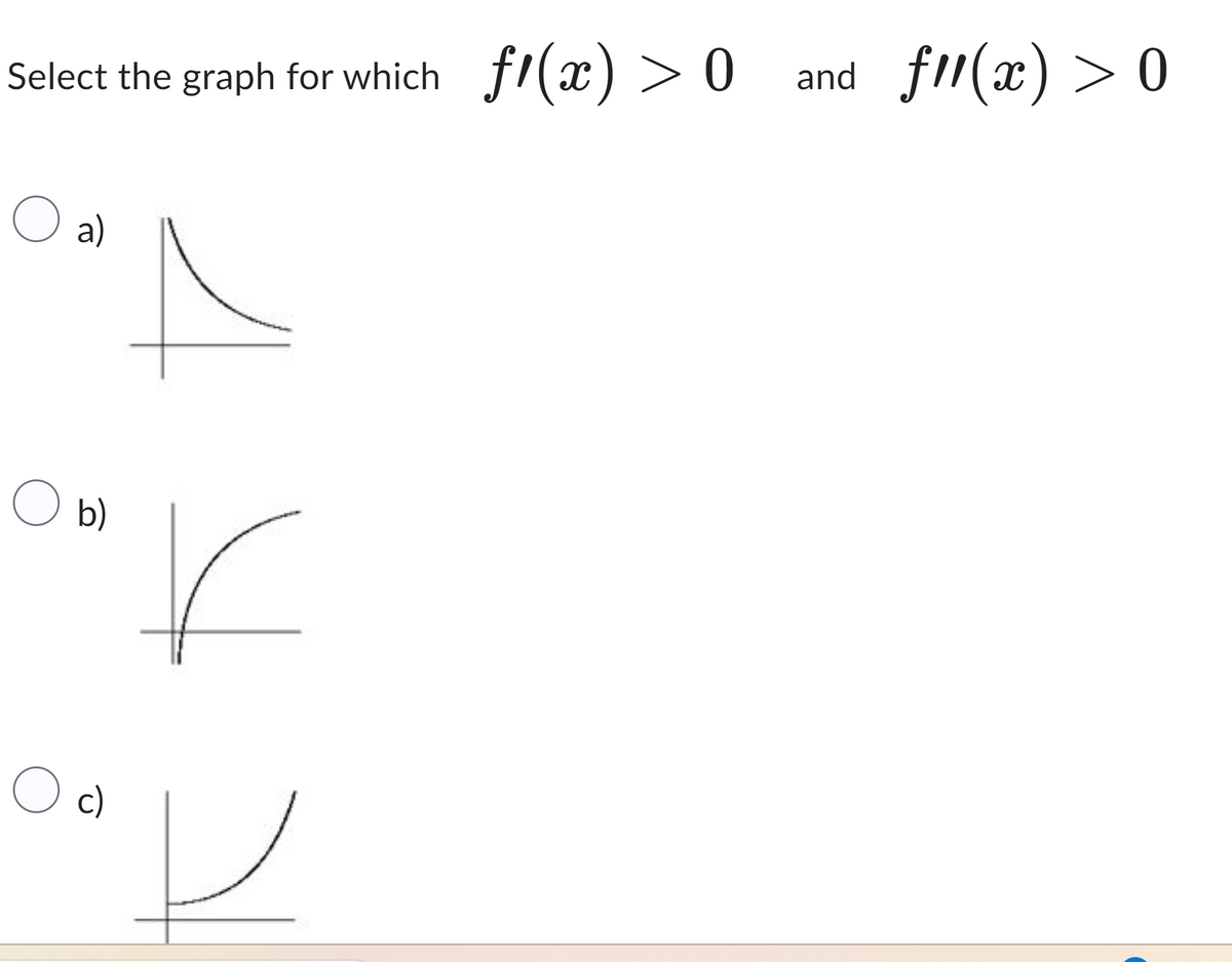 Select the graph for which
O al
O b)
O c)
r
P
f(x) > 0 and
f11(x) > 0