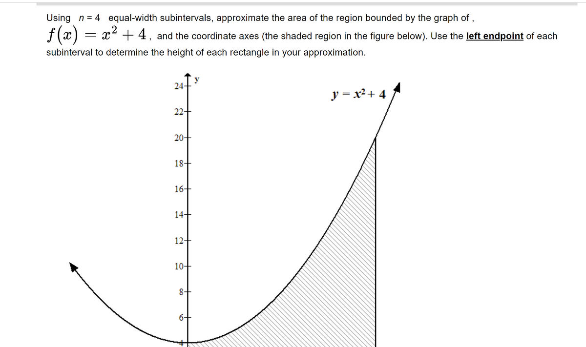 Using n = 4 equal-width subintervals, approximate the area of the region bounded by the graph of,
ƒ(x) = x² + 4, and the coordinate axes (the shaded region in the figure below). Use the left endpoint of each
subinterval to determine the height of each rectangle in your approximation.
24+
22+
20+
18+
16+
14+
12+
10+
8+
6-
y
y = x²+4