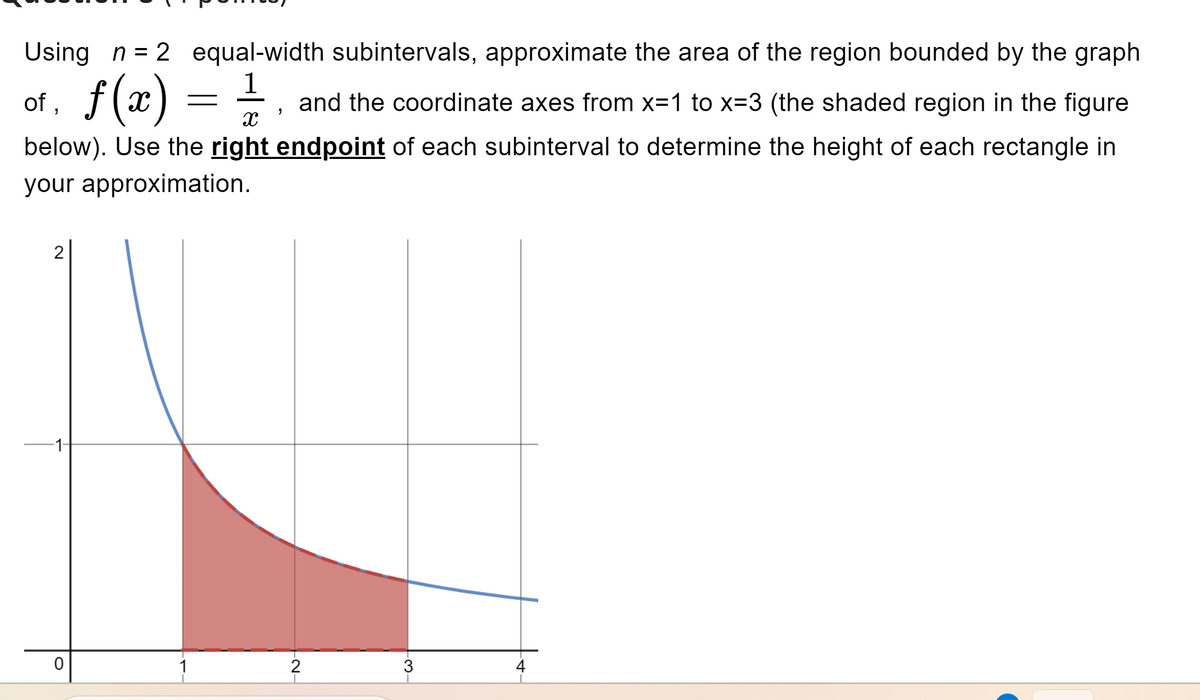 1
of, f(
Using n = 2 equal-width subintervals, approximate the area of the region bounded by the graph
and the coordinate axes from x=1 to x=3 (the shaded region in the figure
below). Use the right endpoint of each subinterval to determine the height of each rectangle in
your approximation.
ƒ(x)
X
-1-
O
1
2
3
4