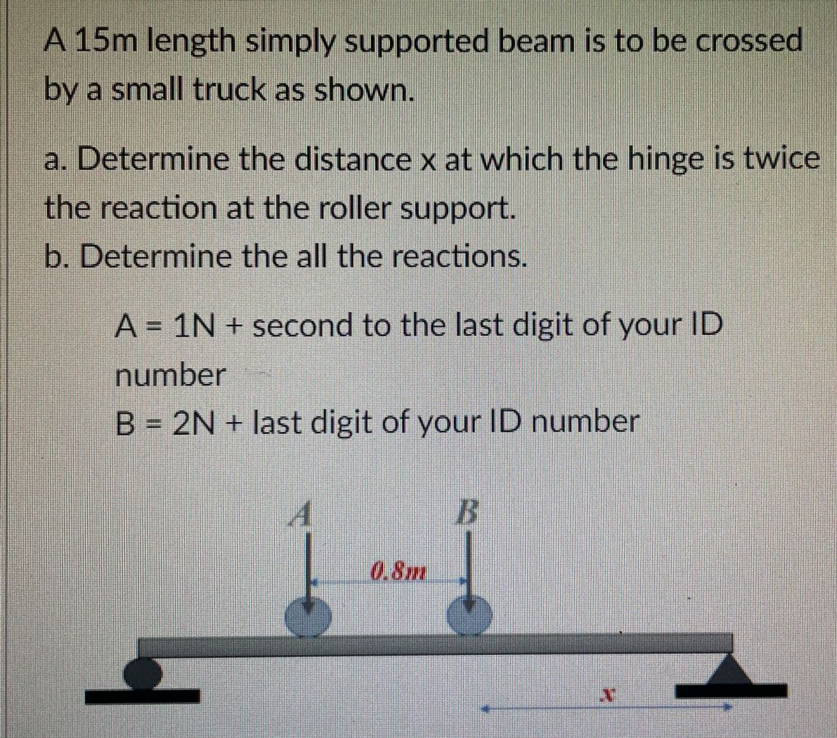 A 15m length simply supported beam is to be crossed
by a small truck as shown.
a. Determine the distance x at which the hinge is twice
the reaction at the roller support.
b. Determine the all the reactions.
A = 1N + second to the last digit of your ID
number
B = 2N + last digit of your ID number
0.8m

