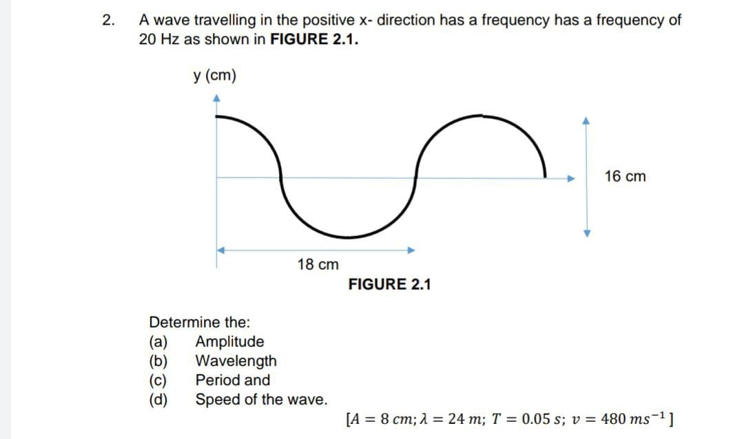 2.
A wave travelling in the positive x- direction has a frequency has a frequency of
20 Hz as shown in FIGURE 2.1.
у (ст)
16 cm
18 cm
FIGURE 2.1
Determine the:
(a)
(b)
(c)
(d)
Amplitude
Wavelength
Period and
Speed of the wave.
[A = 8 cm; A = 24 m; T = 0.05 s; v = 480 ms-1]
