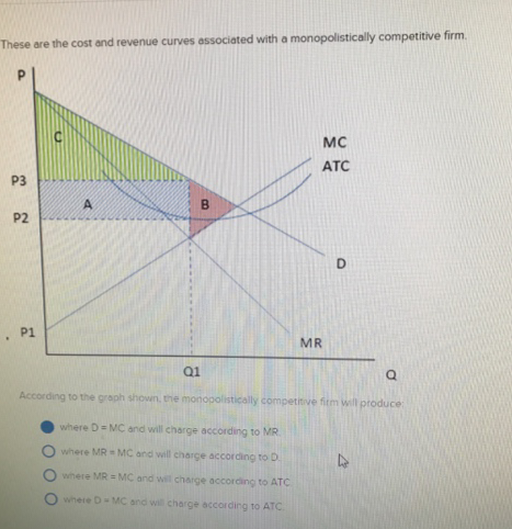 These are the cost and revenue curves associated with a monopolistically competitive firm.
.
P3
P2
P1
U
A
B
MC
ATC
Q1
MR
D
Q
According to the graph shown, the monopolistically competitive firm will produce:
where D = MC and will charge according to MR
where MRMC and will charge according to D
where MR = MC and will charge according to ATC
where D-MC and will charge according to ATC
4