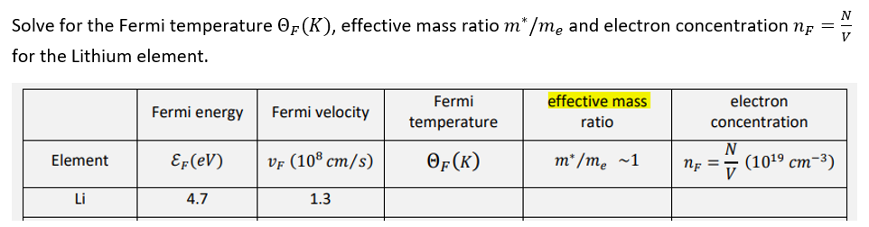 Solve for the Fermi temperature OF(K), effective mass ratio m* /me and electron concentration no
for the Lithium element.
Element
Li
Fermi energy
EF (eV)
4.7
Fermi velocity
VF (108 cm/s)
1.3
Fermi
temperature
OF (K)
effective mass
ratio
m/me ~1
electron
concentration
=
N
nf = (10¹⁹ cm-³)
V