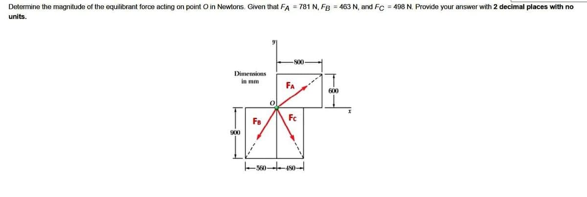 Determine the magnitude of the equilibrant force acting on point O in Newtons. Given that FA = 781 N, FB = 463 N, and FC = 498 N. Provide your answer with 2 decimal places with no
units.
Dimensions
in mm
900
FB
-560-
O
-800-
FA
Fc
480-
600