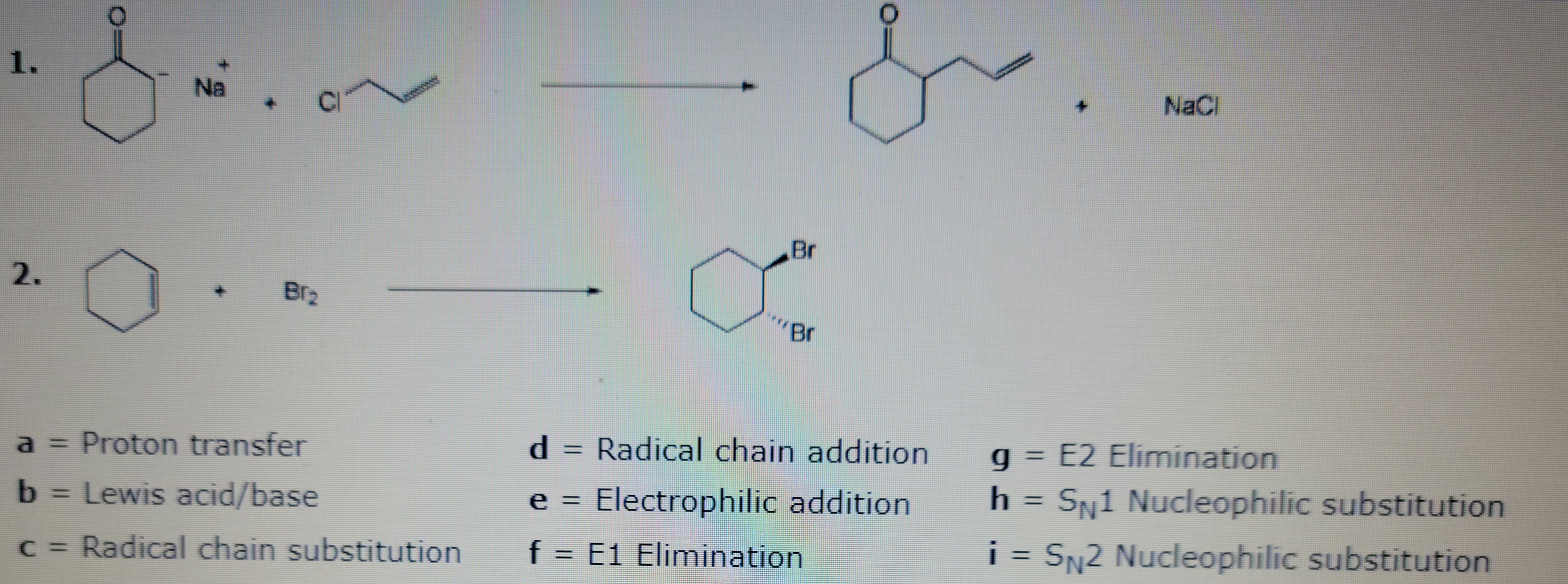 1.
2.
Na
CI
Br₂
a = Proton transfer
b = Lewis acid/base
c = Radical chain substitution
Br
Br
d = Radical chain addition
e = Electrophilic addition
f = E1 Elimination
www
i
g = E2 Elimination
h
=
NaCl
=
SN1 Nucleophilic substitution
SN2 Nucleophilic substitution