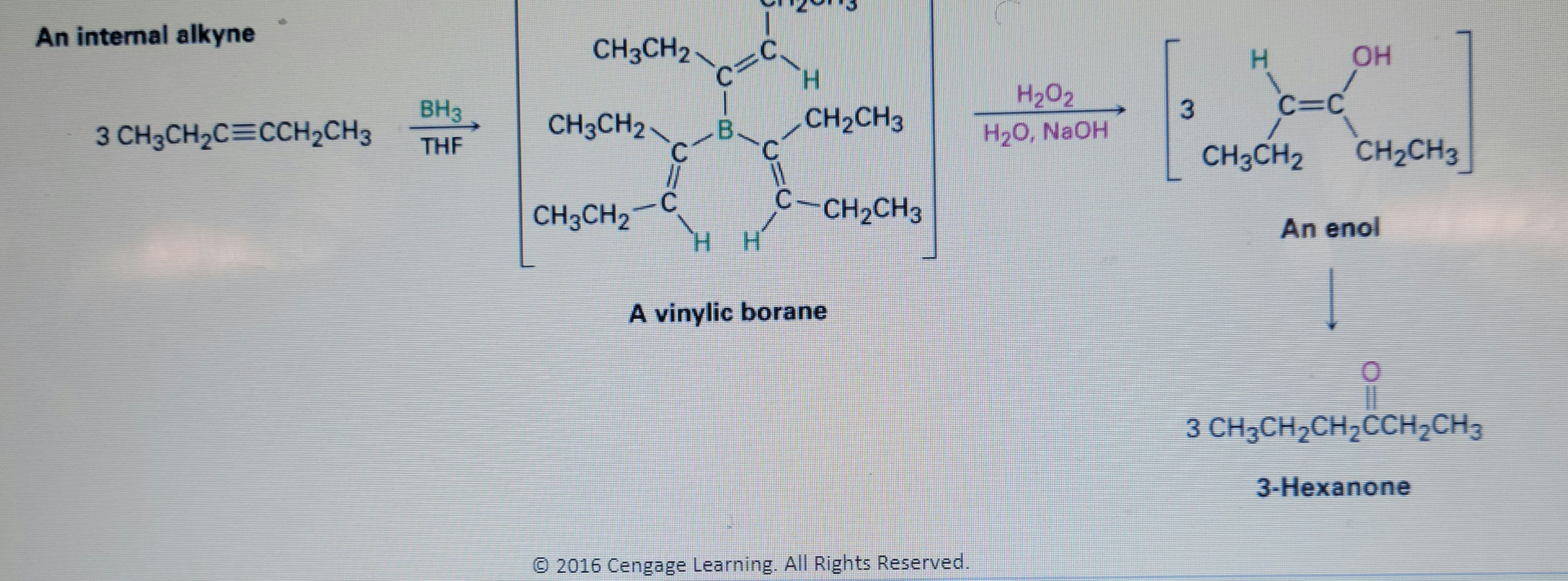 An internal alkyne
CH3CH2
H.
OH
H.
BH3
H202
3
C=C
CH3CH2
B.
CH2CH3
3 CH3CH2C=CCH2CH3
H20, NaOH
THF
C.
C.
CH3CH2
CH2CH3
-C
CH3CH2
C-CH2CH3
HH
An enol
A vinylic borane
3 CH3CH2CH2CCH2CH3
3-Hexanone
© 2016 Cengage Learning. All Rights Reserved.
