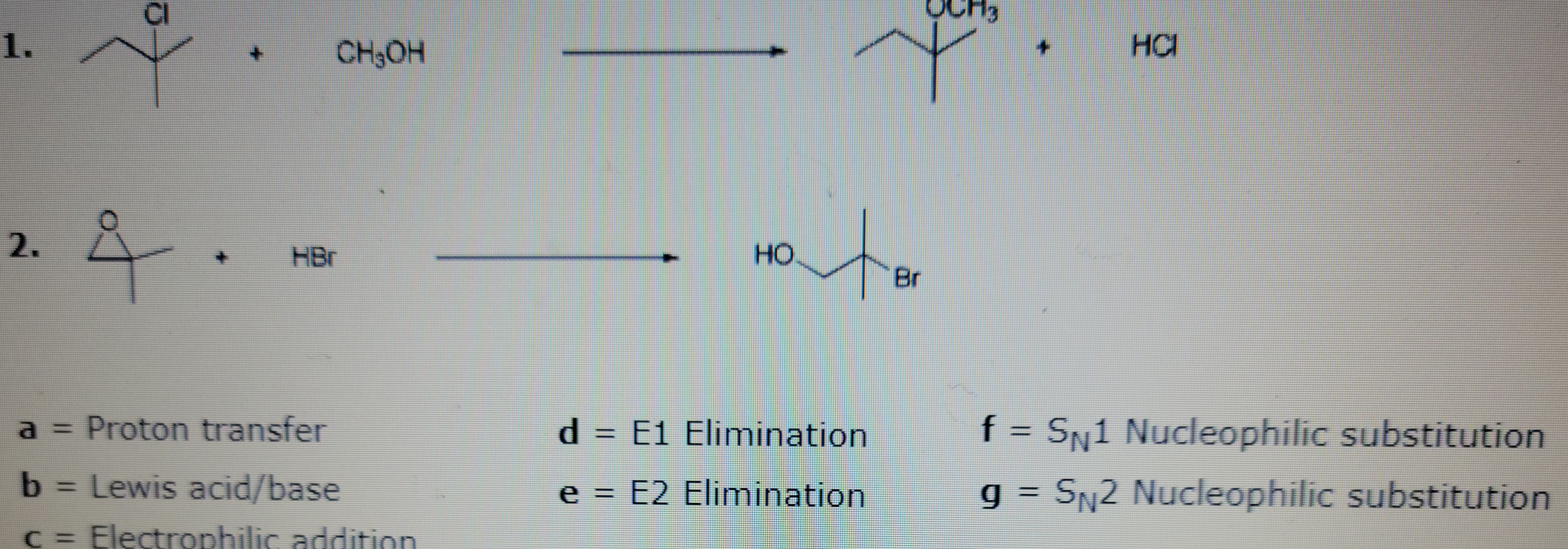 1.
2.
CI
4
+
CH₂OH
a = Proton transfer
b = Lewis acid/base
c = Electrophilic addition
Ÿ
HO
ato
d = E1 Elimination
e = E2 Elimination
HCI
f = SN1 Nucleophilic substitution
g=
SN2 Nucleophilic substitution