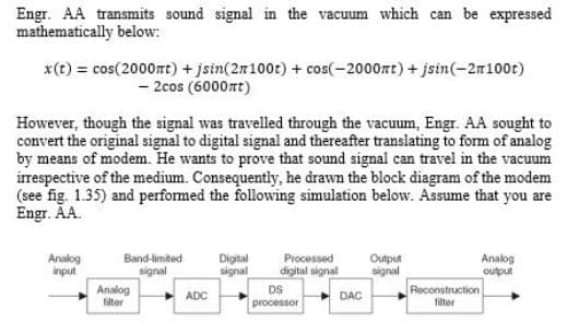 Engr. AA transmits sound signal in the vacuum which can be expressed
mathematically below:
x(t) = cos(2000rt) + jsin(2n100t) + cos(-2000rt) + jsin(-2m100t)
- 2cos (6000rt)
However, though the signal was travelled through the vacuum, Engr. AA sought to
convert the original signal to digital signal and thereafter translating to form of analog
by means of modem. He wants to prove that sound signal can travel in the vacuum
irrespective of the medium. Consequently, he drawn the block diagram of the modem
(see fig. 1.35) and performed the following simulation below. Assume that you are
Engr. ÄA.
Band-limited
signal
Digital
signal
Processed
Analog
input
Output
signal
Analog
output
digital signal
Analog
filter
DS
Reconstruction
ADC
DAC
processor
filter
