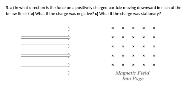 5. a) In what direction is the force on a positively charged particle moving downward in each of the
below fields? b) What if the charge was negative? c) What if the charge was stationary?
Magnetic Field
Into Page
