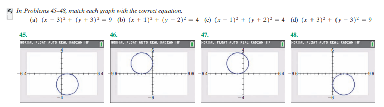 A In Problems 45-48, match each graph with the correct equation.
(a) (x – 3)2 + (y + 3)2 = 9 (b) (x + 1)? + (y – 2)? = 4 (c) (x – 1)2 + (y + 2)² = 4 (d) (x + 3)? + (y – 3)? = 9
45.
46.
47.
48.
HORHAL FLOAT RUTO REAL RADIAN HP
HORMAL FLOAT AUTO REAL RADIAN HP
HORMAL FLOAT AUTO REAL RADIAN HP
HORHAL FLOAT AUTO REAL RADIAN HP
-6.4
6.4
9.6-
-9.6 6.4-
+6.4
++9.6
