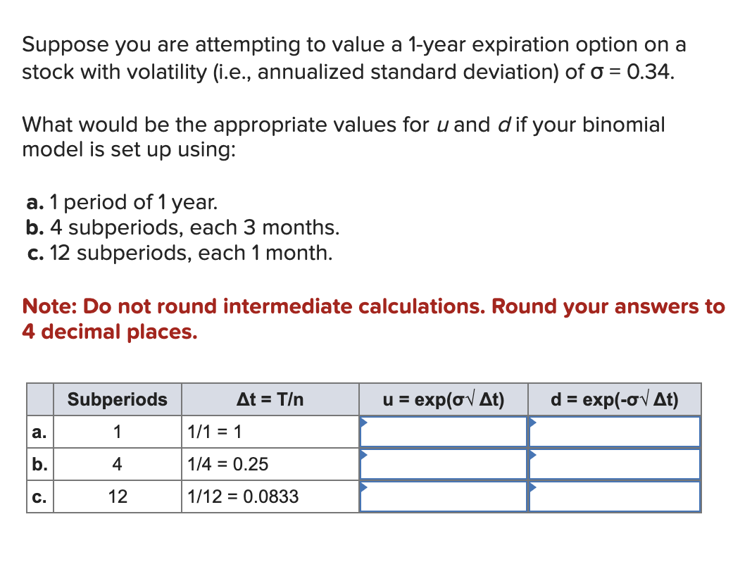 Suppose you are attempting to value a 1-year expiration option on a
stock with volatility (i.e., annualized standard deviation) of σ = 0.34.
What would be the appropriate values for u and d if your binomial
model is set up using:
a. 1 period of 1 year.
b. 4 subperiods, each 3 months.
c. 12 subperiods, each 1 month.
Note: Do not round intermediate calculations. Round your answers to
4 decimal places.
Subperiods
At = T/n
u = exp(σ√ At)
d = exp(-σ√ At)
a.
1
1/1 = 1
b.
4
1/4 = 0.25
C.
12
1/12 0.0833