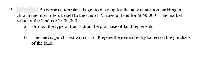 9.
As construction plans begin to develop for the new education building, a
church member offers to sell to the church 5 acres of land for $650,000. The market
value of the land is $1,000,000.
a. Discuss the type of transaction the purchase of land represents.
b.
The land is purchased with cash. Prepare the journal entry to record the purchase
of the land.