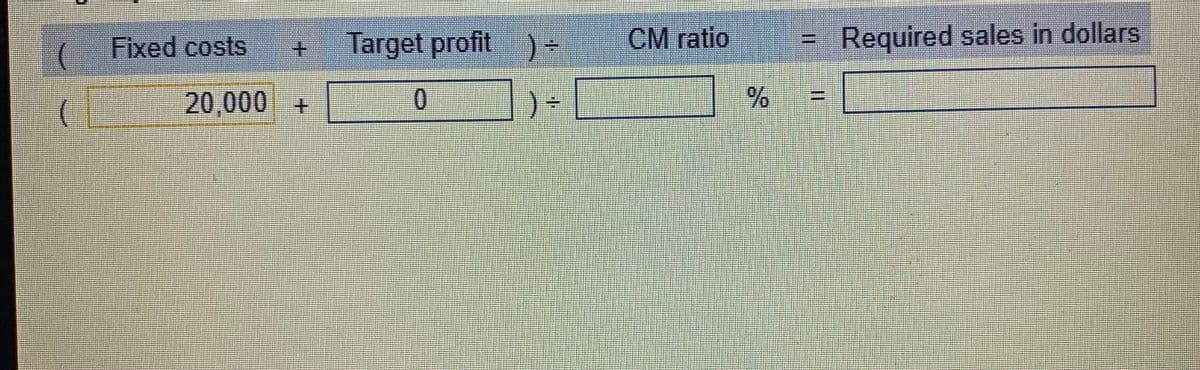 ( Fixed costs
Target profit) -
CM ratio
Required sales in dollars
20,000 +
) =
13D

