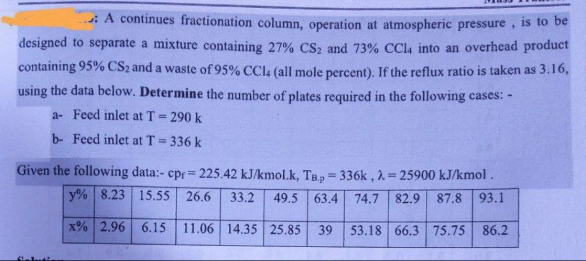 A continues fractionation column, operation at atmospheric pressure, is to be
designed to separate a mixture containing 27% CS₂ and 73% CCl4 into an overhead product
containing 95% CS2 and a waste of 95% CCl4 (all mole percent). If the reflux ratio is taken as 3.16,
using the data below. Determine the number of plates required in the following cases: -
a-Feed inlet at T = 290 k
b- Feed inlet at T = 336 k
Given the following data:- cpr = 225.42 kJ/kmol.k, TB.p=336k, λ = 25900 kJ/kmol.
63.4 74.7 82.9 87.8 93.1
y% 8.23 15.55 26.6 33.2 49.5
x% 2.96 6.15 11.06 14.35 25.85
39 53.18 66.3 75.75 86.2