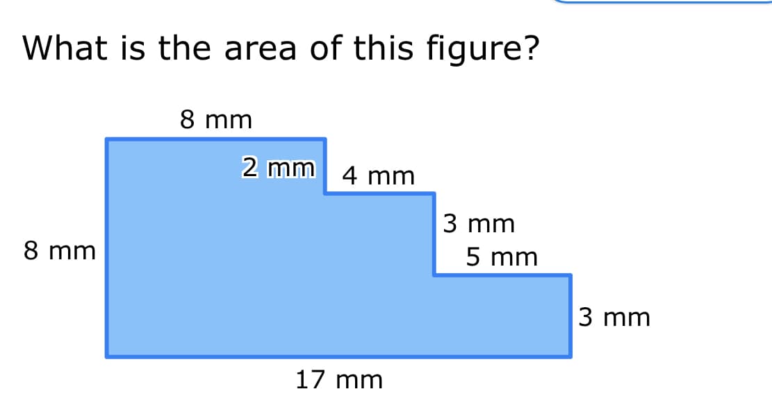 What is the area of this figure?
8 mm
8 mm
2 mm 4 mm
17 mm
3 mm
5 mm
3 mm