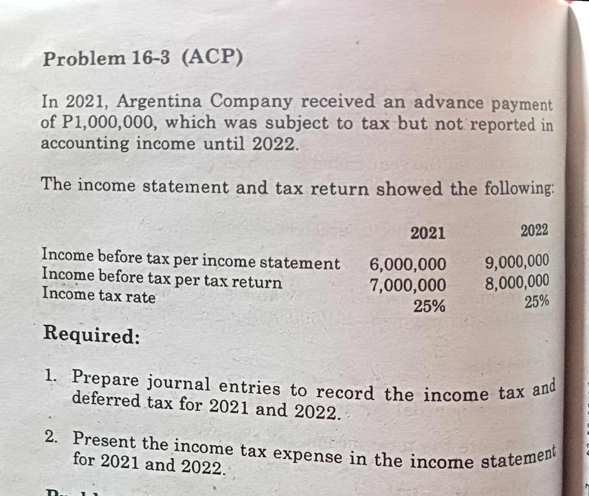 1. Prepare journal entries to record the income tax and
2. Present the income tax expense in the income statement
Problem 16-3 (ACP)
In 2021, Argentina Company received an advance payment
of P1,000,000, which was subject to tax but not reported in
accounting income until 2022.
The income statement and tax return showed the following:
2021
2022
Income before tax per income statement
Income before tax per tax return
Income tax rate
6,000,000
7,000,000
9,000,000
8,000,000
25%
25%
Required:
1. Prepare journal entries to record the income tax a
deferred tax for 2021 and 2022.
for 2021 and 2022.
