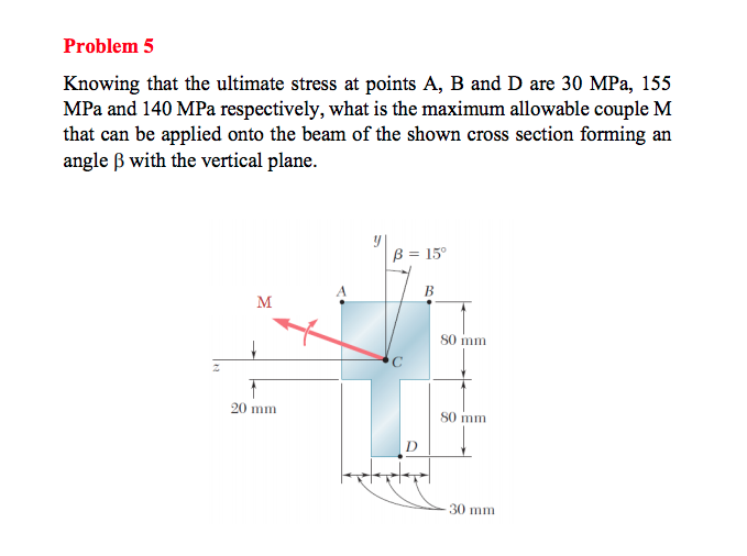 Problem 5
Knowing that the ultimate stress at points A, B and D are 30 MPa, 155
MPa and 140 MPa respectively, what is the maximum allowable couple M
that can be applied onto the beam of the shown cross section forming an
angle B with the vertical plane.
B = 15°
B
M
S0 mm
20 mm
s0 mm
30 mm
