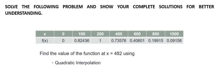 SOLVE THE FOLLOWING PROBLEM AND SHOW YOUR COMPLETE SOLUTIONS FOR BETTER
UNDERSTANDING.
f(x)
0
100
200
400
600
800
1000
0 0.82436 1 0.73576 0.40601 0.19915 0.09158
Find the value of the function at x = 482 using
• Quadratic Interpolation