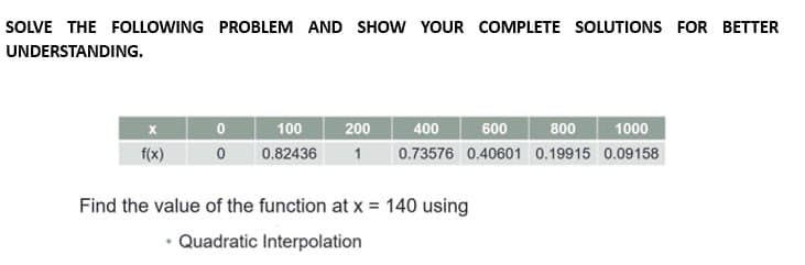 SOLVE THE FOLLOWING PROBLEM AND SHOW YOUR COMPLETE SOLUTIONS FOR BETTER
UNDERSTANDING.
X
f(x)
0
0
100
400
600
800 1000
200
0.82436 1 0.73576 0.40601 0.19915 0.09158
Find the value of the function at x = 140 using
• Quadratic Interpolation