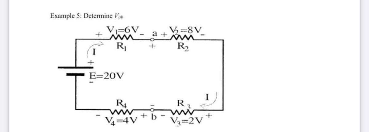Example 5: Determine Vab
VI=6V_
V=8V
а +
R2
E=20V
R4
ww
+ b
V4=4V
R,
ww
+-
V3=2V

