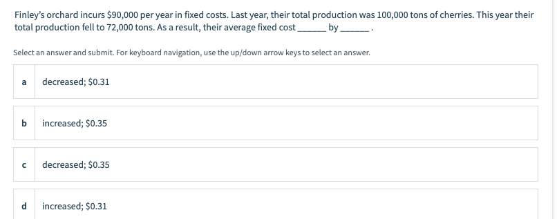 Finley's orchard incurs $90,000 per year in fixed costs. Last year, their total production was 100,000 tons of cherries. This year their
total production fell to 72,000 tons. As a result, their average fixed cost
by
Select an answer and submit. For keyboard navigation, use the up/down arrow keys to select an answer.
a
decreased; $0.31
increased; $0.35
decreased; $0.35
d
increased; $0.31
