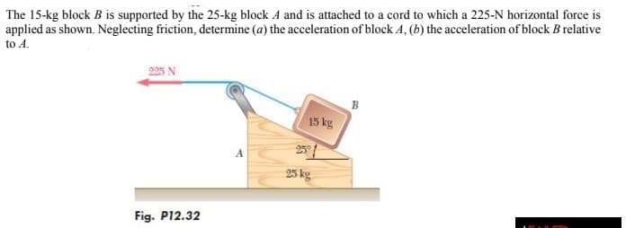 The 15-kg block B is supported by the 25-kg block A and is attached to a cord to which a 225-N horizontal force is
applied as shown. Neglecting friction, determine (a) the acceleration of block A, (b) the acceleration of block B relative
to A.
225 N
15 kg
25°
25 kg
Fig. P12.32
