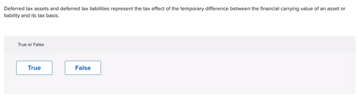 Deferred tax assets and deferred tax liabilities represent the tax effect of the temporary difference between the financial carrying value of an asset or
liability and its tax basis.
True or False
True
False