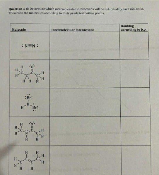 Question 1-6: Determine which intermolecular interactions will be exhibited by each molecule.
Then rank the molecules according to their predicted boiling points.
Molecule
HI
H
==
: NEN:
H
H
H
H
H₂ I
H₂
"C
U-H
A
HH
HI
*0**
11
CC. H
Н
*O**
C
Br:
B
HIN
HIC
H
TH
H
Br:
IH
H
H
ΤΗ
C
C H
1
Intermolecular Interactions
Ranking
according to b.p.