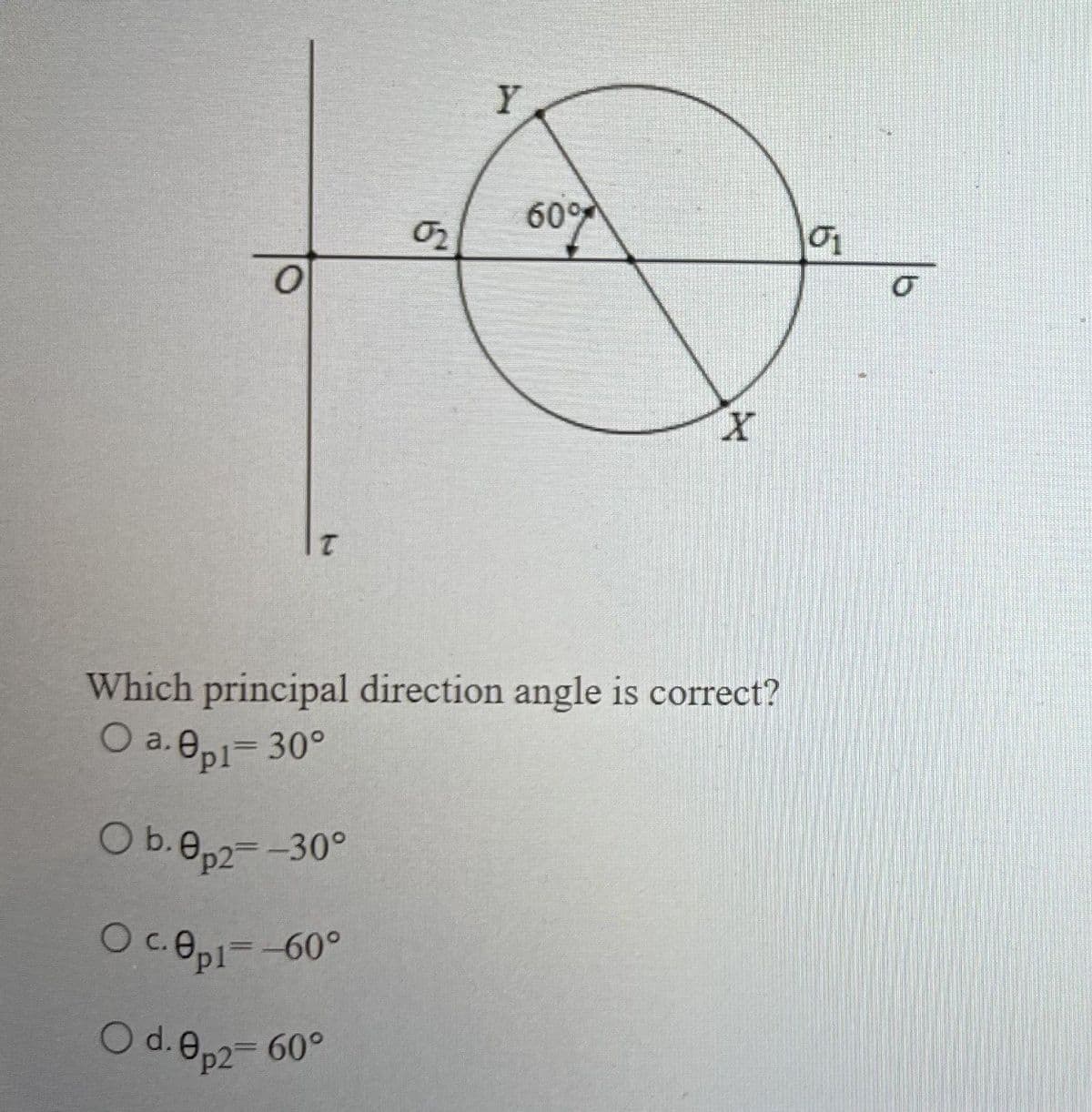 O
T
O b. 0p2=-30°
O c.0p1= -60°
02
O d. 0p2= 60°
Y
Which principal direction angle is correct?
O a. 0p₁= 30°
60%
X
01