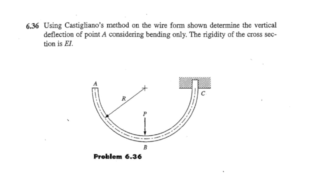 6.36 Using Castigliano's method on the wire form shown determine the vertical
deflection of point A considering bending only. The rigidity of the cross sec-
tion is El.
R
Problem 6.36
B
