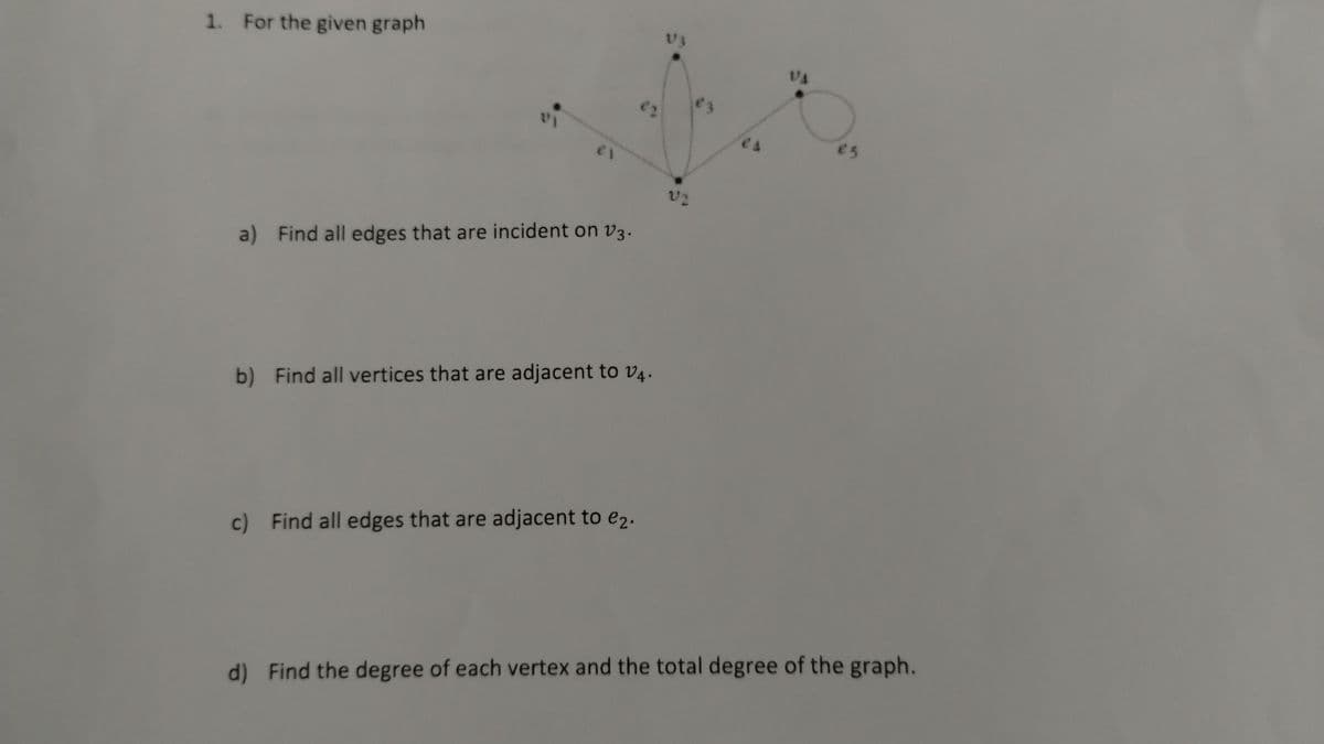 V3
VA
1. For the given graph
22
a) Find all edges that are incident on v3.
บริ
b) Find all vertices that are adjacent to v4.
c) Find all edges that are adjacent to e2.
85
d) Find the degree of each vertex and the total degree of the graph.