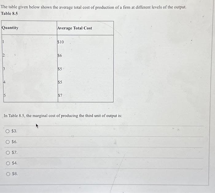 The table given below shows the average total cost of production of a firm at different levels of the output.
Table 8.5
Quantity
Average Total Cost
$10
2
S
$6
$5
$5
$7
In Table 8.5, the marginal cost of producing the third unit of output is:
O $3.
$6.
O $7.
$4.
O $8.