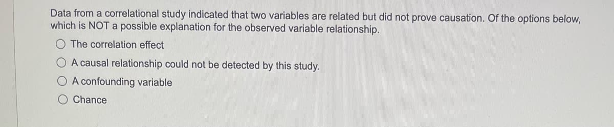 Data from a correlational study indicated that two variables are related but did not prove causation. Of the options below,
which is NOT a possible explanation for the observed variable relationship.
O The correlation effect
O A causal relationship could not be detected by this study.
O A confounding variable
O Chance
