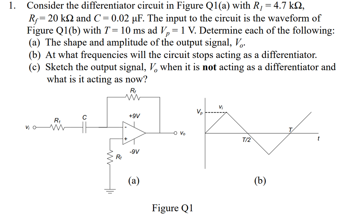 1. Consider the differentiator circuit in Figure Q1(a) with R, = 4.7 k2,
Rf= 20 k2 andC =0.02 µF. The input to the circuit is the waveform of
Figure Q1(b) with T= 10 ms ad V,= 1 V. Determine each of the following:
(a) The shape and amplitude of the output signal, Vo.
(b) At what frequencies will the circuit stops acting as a differentiator.
(c) Sketch the output signal, V, when it is not acting as a differentiator and
what is it acting as now?
р
R;
Vi
C
+9V
R1
V; W
-O Vo
T/2
-9V
(а)
(b)
Figure Q1
