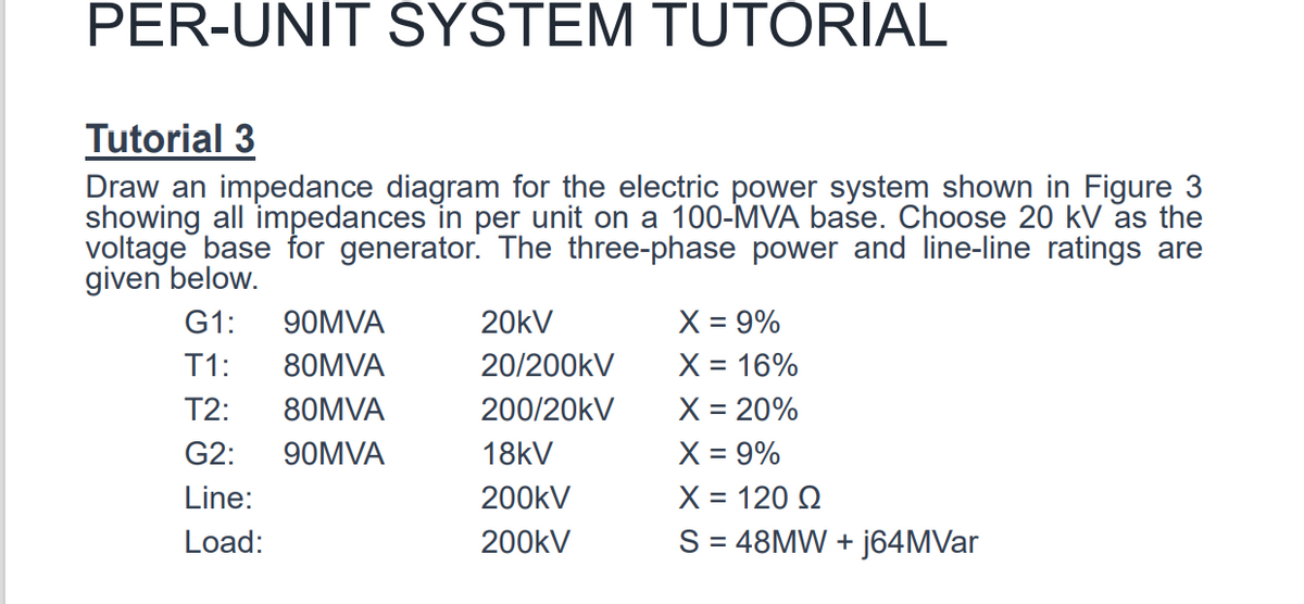 PER-UNIT SYSTEM TUTORIAL
Tutorial 3
Draw an impedance diagram for the electric power system shown in Figure 3
showing all impedances in per unit on a 100-MVA base. Choose 20 kV as the
voltage base for generator. The three-phase power and line-line ratings are
given below.
X = 9%
X = 16%
X = 20%
X = 9%
X = 120 Q
S = 48MW + j64MVar
G1:
90MVA
20kV
T1:
80MVA
20/200kV
T2:
80MVA
200/20kV
G2:
90MVA
18kV
Line:
200kV
Load:
200kV
