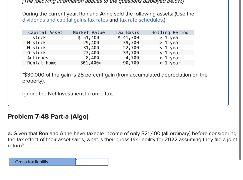 [The following information applies to the questions displayed below.]
During the current year, Ron and Anne sold the following assets: (Use the
dividends and capital gains tax rates and tax rate schedules.)
Capital Asset
L stock
M stock
N stock
0 stock
Antiques
Rental home
Market Value
$ 51,400
29,400
31,400
27,400
8,400
301,400*
Gross tax liability
Tax Basis
$41,700
39,700
22,700
33,700
4,700
90,700
Holding Period
> 1 year
> 1 year
< 1 year
< 1 year
> 1 year
> 1 year
*$30,000 of the gain is 25 percent gain (from accumulated depreciation on the
property).
Ignore the Net Investment Income Tax.
Problem 7-48 Part-a (Algo)
a. Given that Ron and Anne have taxable income of only $21,400 (all ordinary) before considering
the tax effect of their asset sales, what is their gross tax liability for 2022 assuming they file a joint
return?