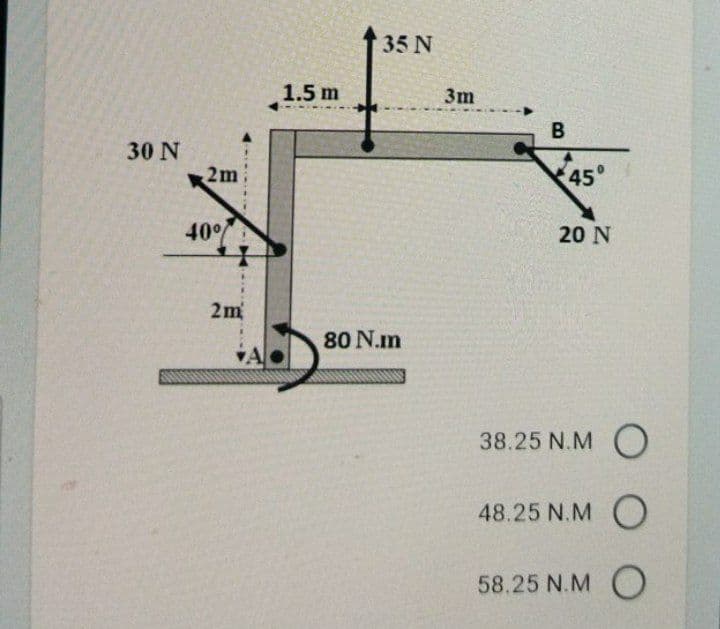 35 N
1.5 m
3m
B
30 N
2m
45°
40%
20 N
2m
80 N.m
38.25 N.M O
48.25 N.M O
58.25 N.M
