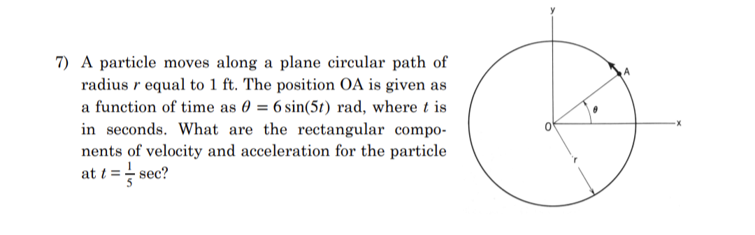 7) A particle moves along a plane circular path of
radius r equal to 1 ft. The position OA is given as
a function of time as 0 = 6 sin(5t) rad, where t is
in seconds. What are the rectangular compo-
nents of velocity and acceleration for the particle
at t = = sec?
8