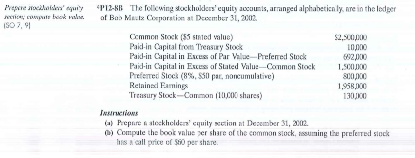 Prepare stockholders' equity P12-8B The following stockholders' equity accounts, arranged alphabetically, are in the ledger
section; compute book value.
(SO 7, 9)
of Bob Mautz Corporation at December 31, 2002.
Common Stock ($5 stated value)
Paid-in Capital from Treasury Stock
Paid-in Capital in Excess of Par Value-Preferred Stock
Paid-in Capital in Excess of Stated Value–Common Stock
Preferred Stock (8%, $50 par, noncumulative)
Retained Earnings
Treasury Stock-Common (10,000 shares)
$2,500,000
10,000
692,000
1,500,000
800,000
1,958,000
130,000
Instructions
(a) Prepare a stockholders' equity section at December 31, 2002.
(b) Compute the book value per share of the common stock, assuming the preferred stock
has a call price of $60 per share.
